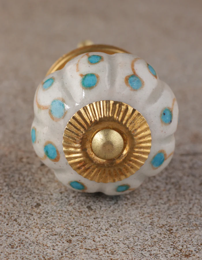 White Base Ceramic Wardrobe Cabinet Knob With Turquoise Dots - Image 3