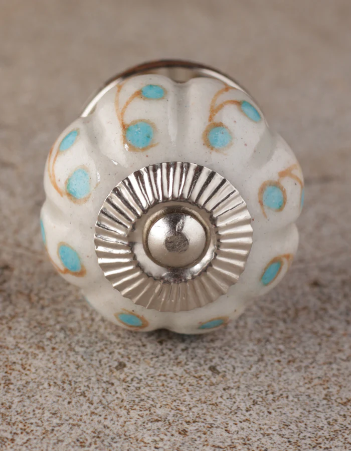 White Base Ceramic Wardrobe Cabinet Knob With Turquoise Dots - Image 4