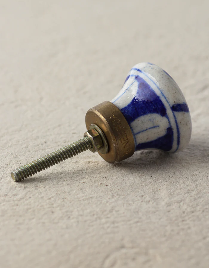 White Ceramic Blue Pottery Door Knob With Pink And Blue Floral Print - Image 3