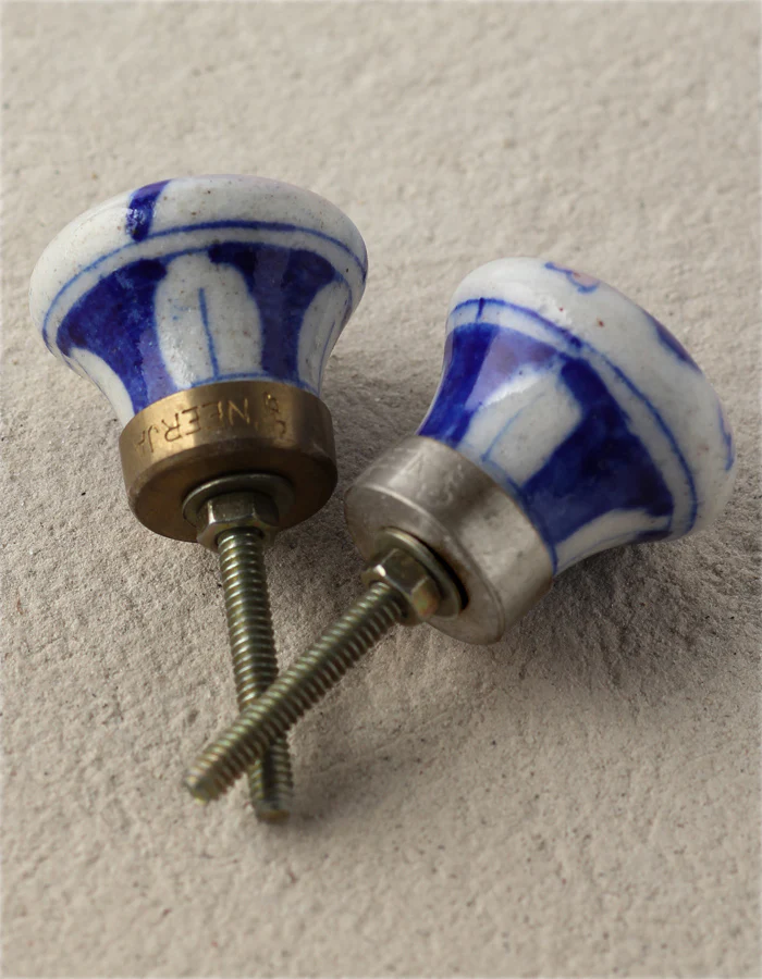 White Ceramic Blue Pottery Door Knob With Pink And Blue Floral Print - Image 4