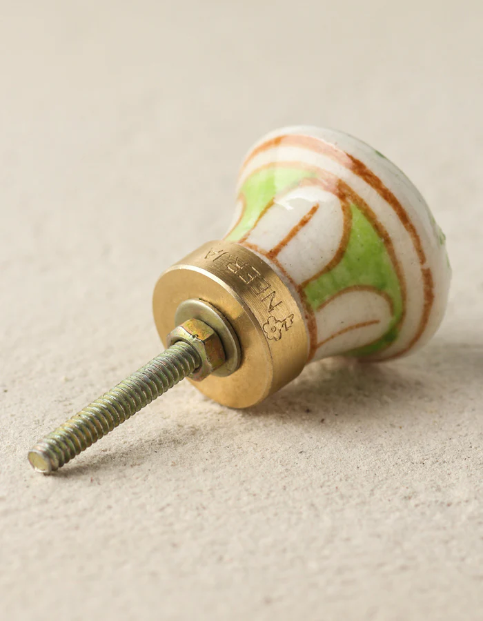 White Ceramic Blue Pottery Drawer Knob With Green Flower - Image 3