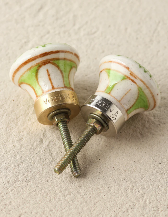 White Ceramic Blue Pottery Drawer Knob With Green Flower - Image 4