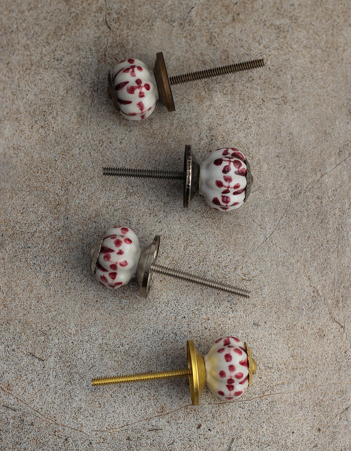 White Ceramic Drawer Knob With Maroon Leaves - Image 5