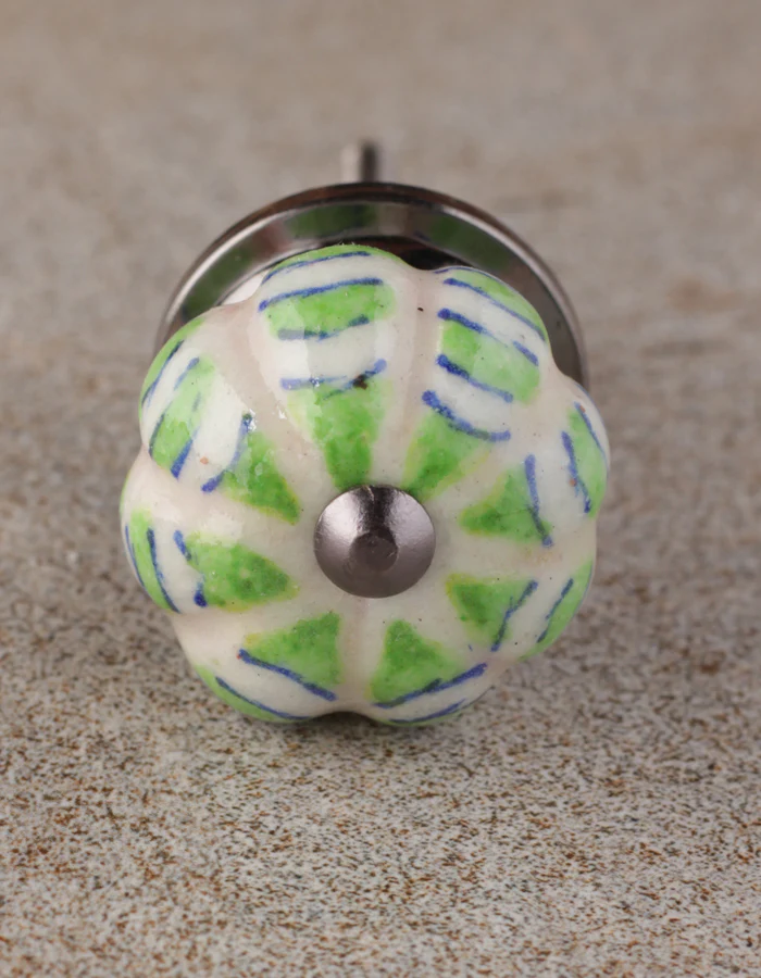 White Ceramic Melon Shaped Bathroom Knob With Green Design - Image 3