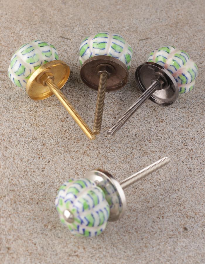 White Ceramic Melon Shaped Bathroom Knob With Green Design - Image 5