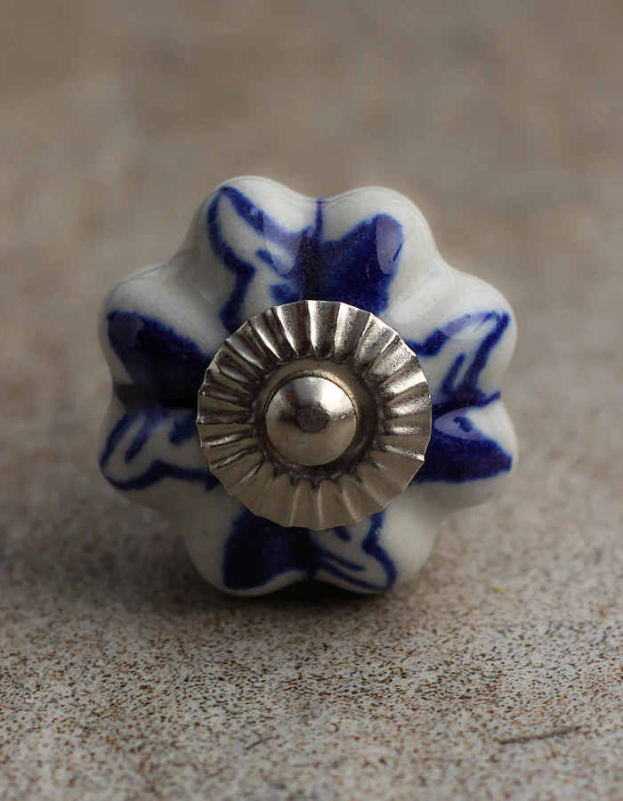 White Floral Ceramic Knob With Handpainted Blue Flowers - Image 3