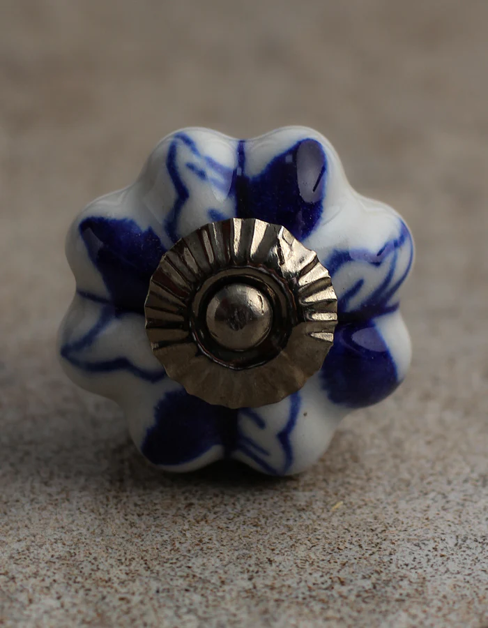 White Floral Ceramic Knob With Handpainted Blue Flowers - Image 4