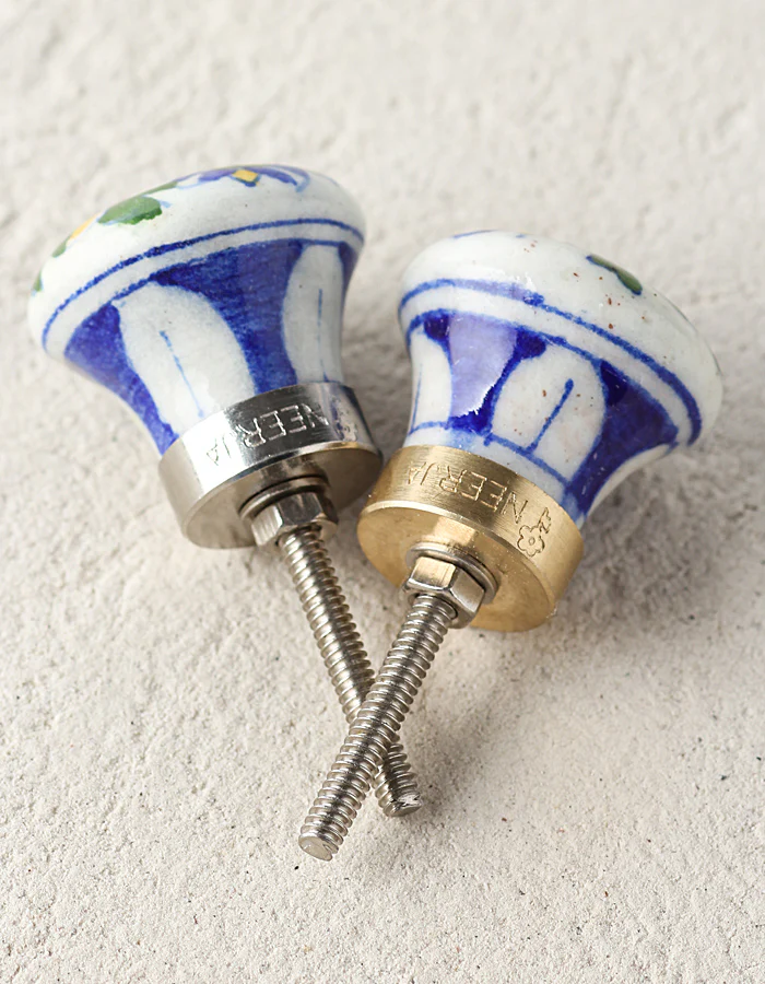 White Handmade Blue Pottery Door Knob With Blue Flower - Image 4