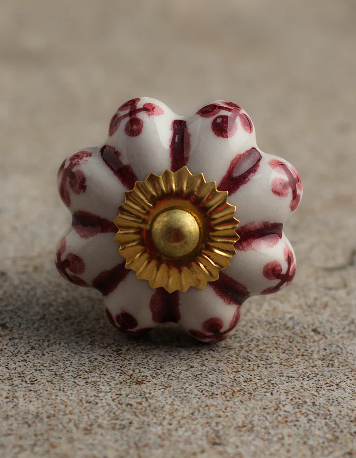 White Kitchen Cabinet Knob With Maroon Floral Design - Image 3