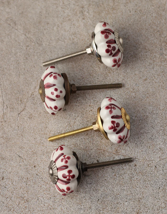 White Kitchen Cabinet Knob With Maroon Floral Design - Image 5