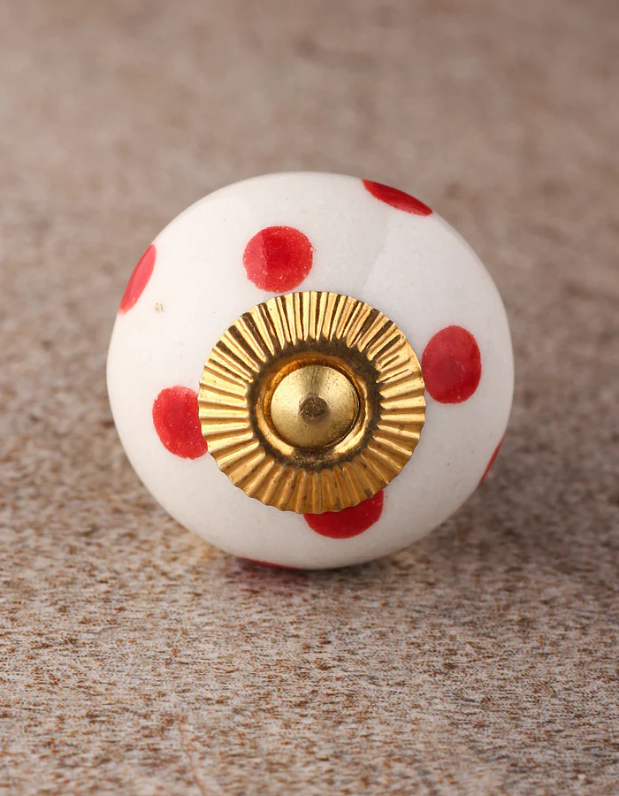 White Round Ceramic Drawer Knob With Red Polka Dots - Image 3