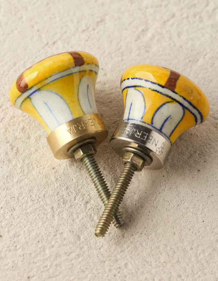 Yellow Base With Brown And Green Patchwork Handmade Door Knob - Image 4