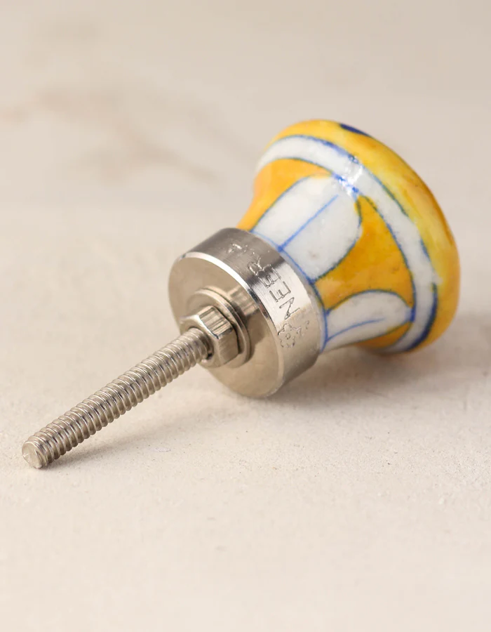 Yellow Base Ceramic Blue Pottery Knob With Hand Painted Bird - Image 3