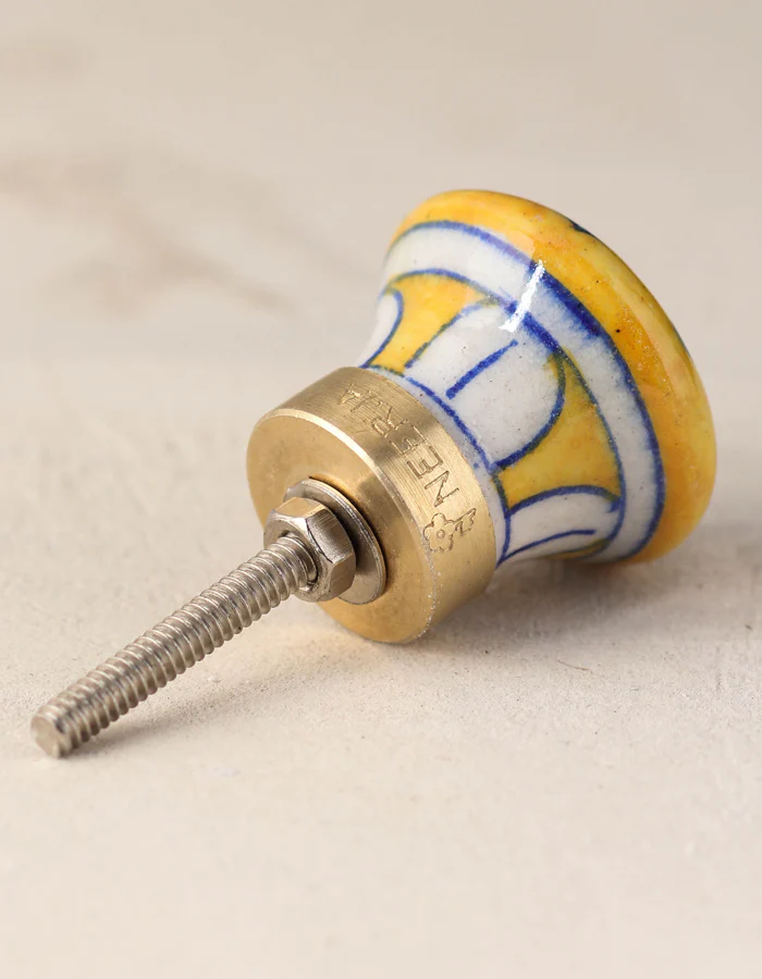 Yellow Base Ceramic Blue Pottery Knob With Hand Painted Bird - Image 4