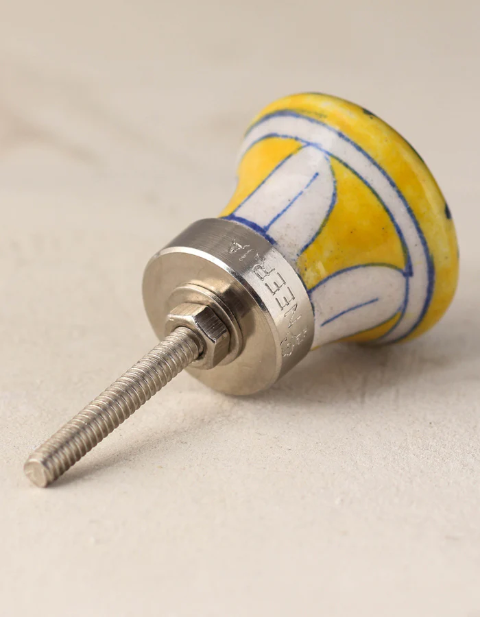 Yellow Ceramic Blue Pottery Kitchen Cabinet Knob With Multicolor Print - Image 3