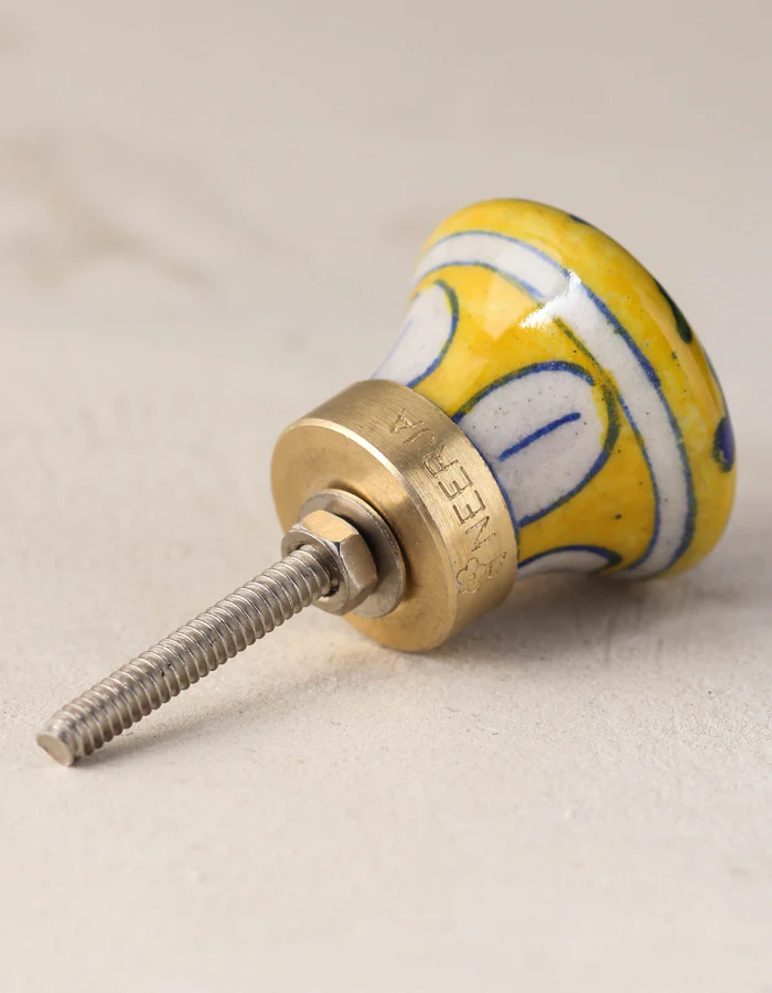 Yellow Ceramic Blue Pottery Kitchen Cabinet Knob With Multicolor Print - Image 4