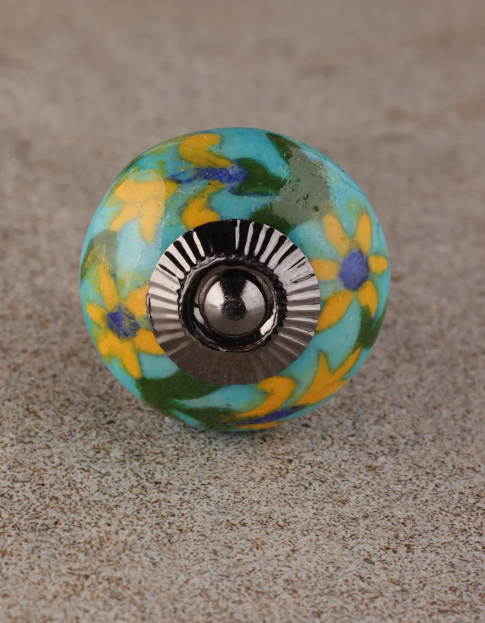 Yellow Flower And Green Leaf Design On Turquoise Bathroom Cabinet Knob - Image 3