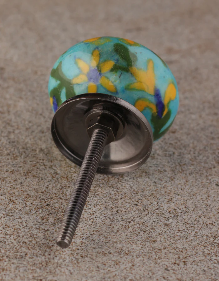 Yellow Flower And Green Leaf Design On Turquoise Bathroom Cabinet Knob - Image 4