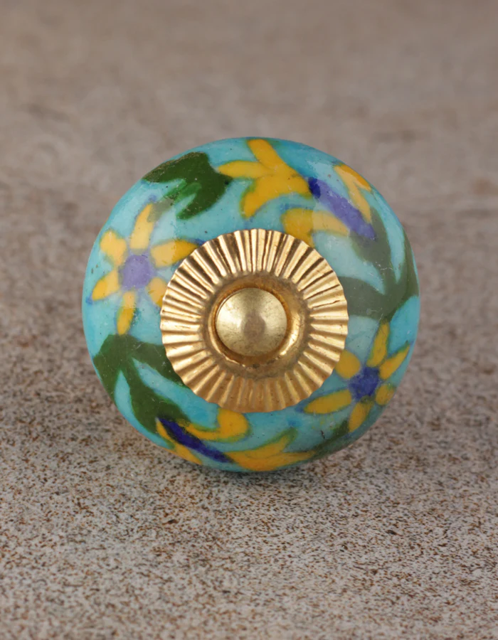 Yellow Flower And Green Leaf Design On Turquoise Bathroom Cabinet Knob - Image 5
