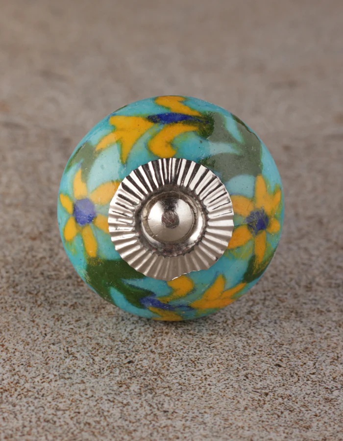 Yellow Flower And Green Leaf Design On Turquoise Bathroom Cabinet Knob - Image 7