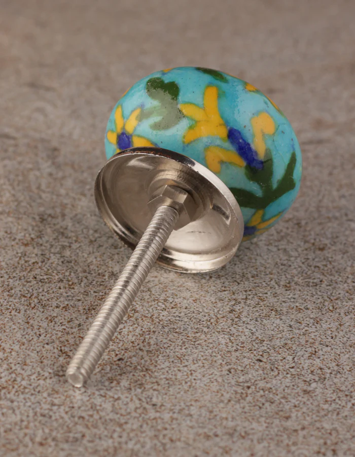 Yellow Flower And Green Leaf Design On Turquoise Bathroom Cabinet Knob - Image 8