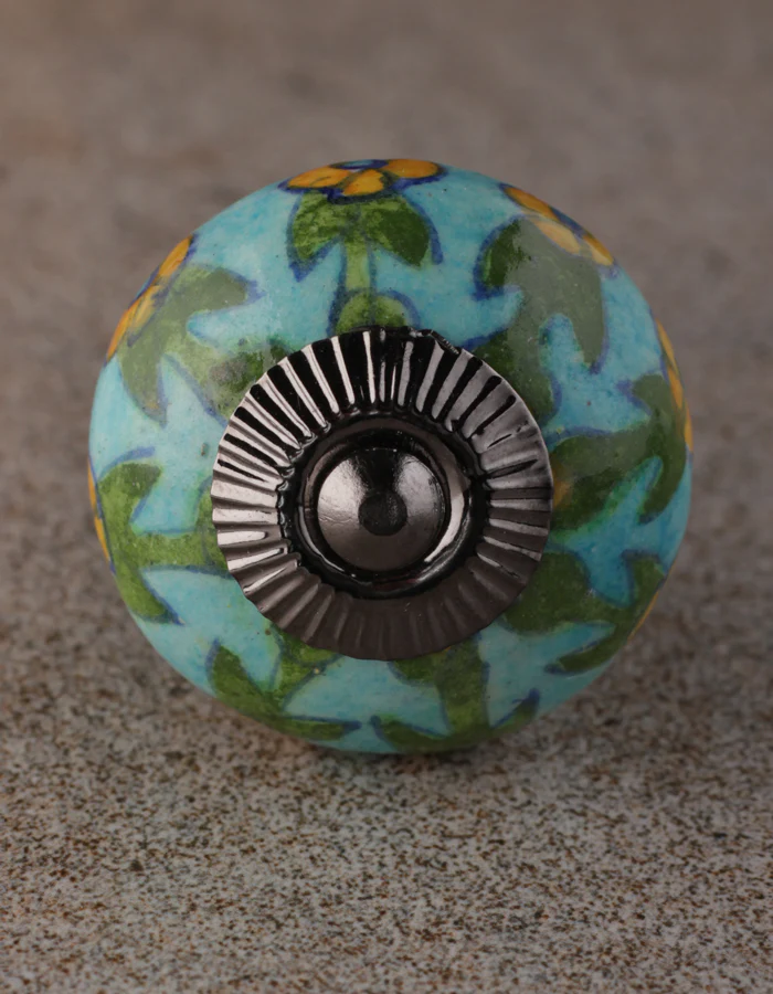 Yellow Flower And Leaf Design On Turquoise Ceramic Dresser Cabinet Knob - Image 3