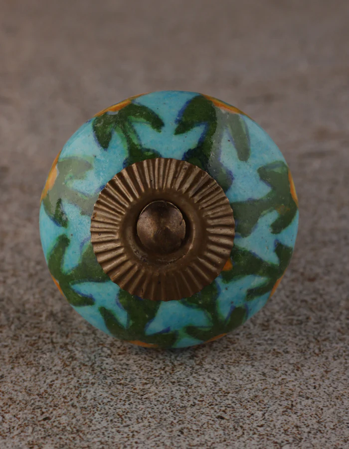 Yellow Flower And Leaf Design On Turquoise Ceramic Dresser Cabinet Knob - Image 4