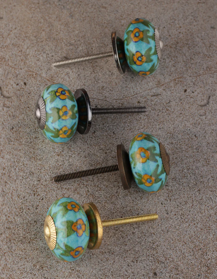 Yellow Flower And Leaf Design On Turquoise Ceramic Dresser Cabinet Knob - Image 5