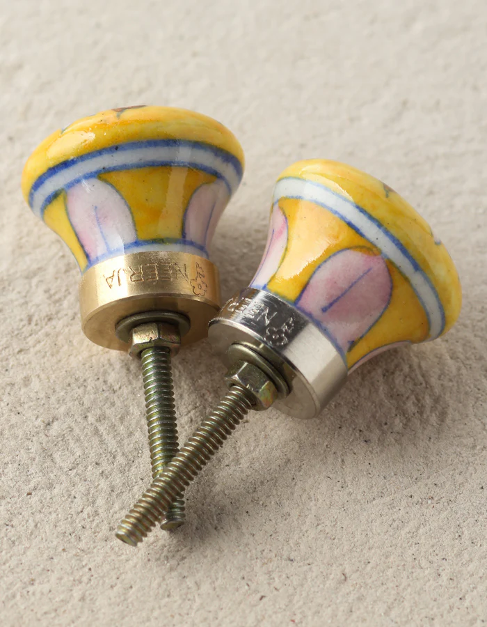 Yellow Handmade Dresser Cabinet Knob With White And Brown Design - Image 4