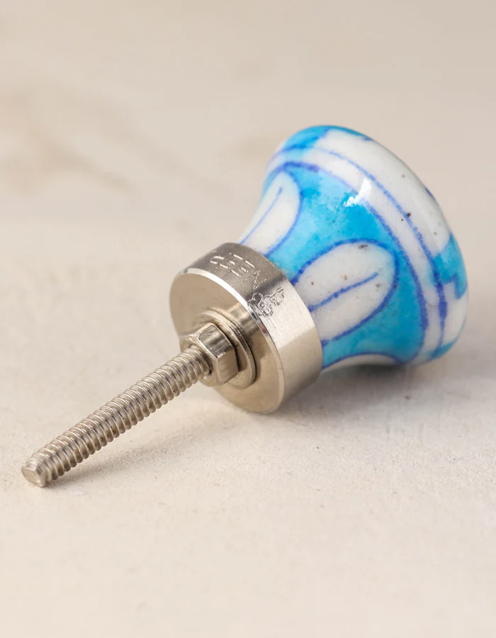Zigzag Turquoise And White Ceramic Blue Pottery Dresser Cabinet Knob - Image 3