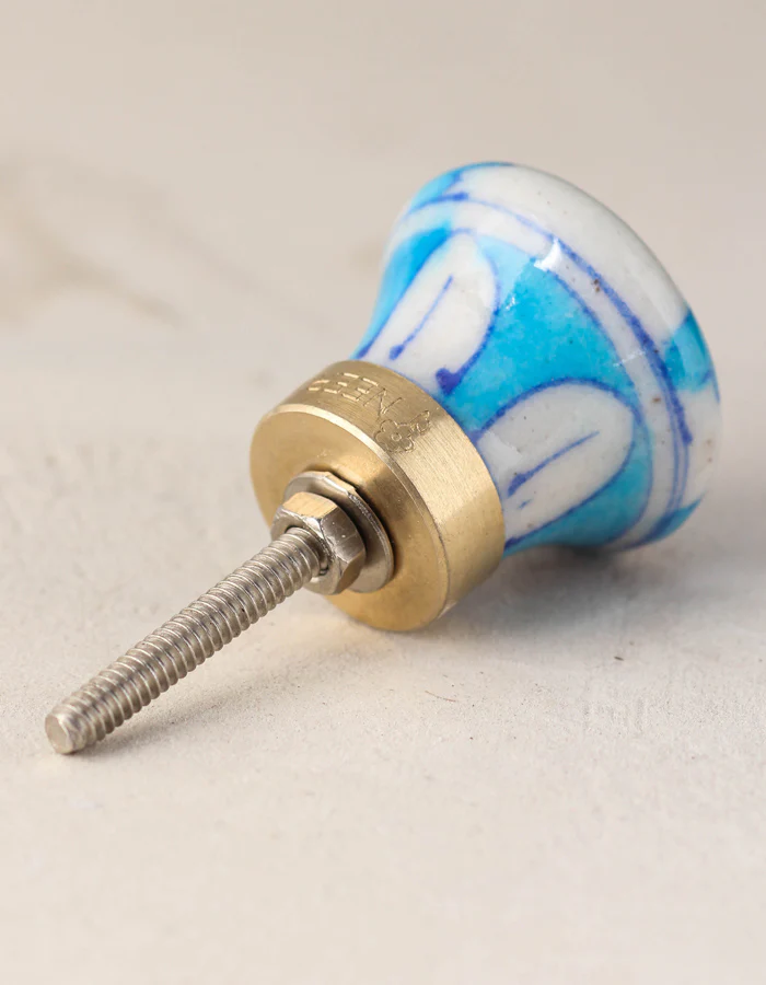 Zigzag Turquoise And White Ceramic Blue Pottery Dresser Cabinet Knob - Image 4