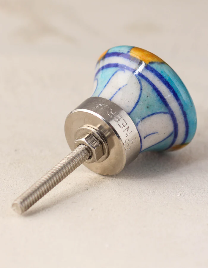 Zigzag Turquoise And Yellow Ceramic Blue Pottery Door Knob - Image 3