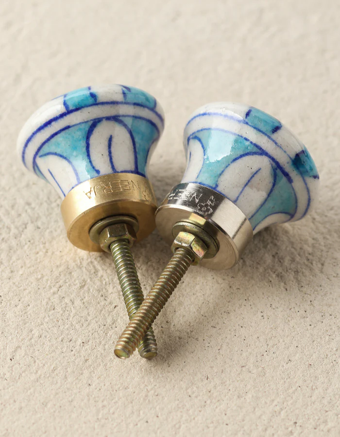 Zigzag White And Turquoise Ceramic Blue Pottery Drawer Knob - Image 4